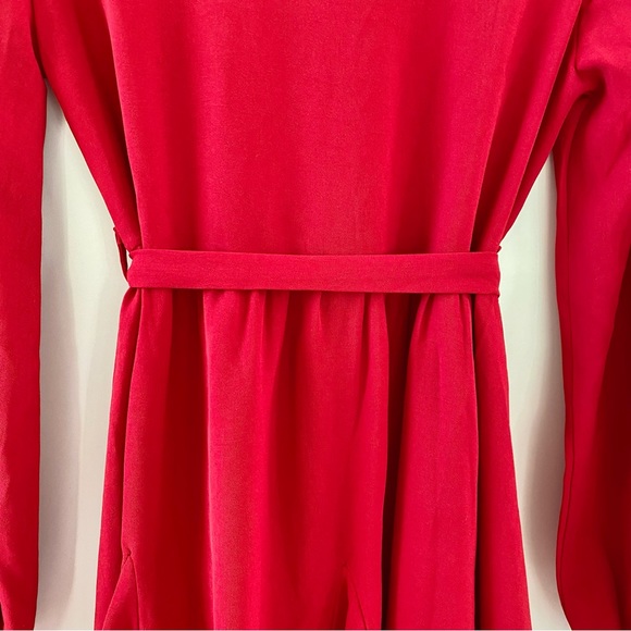 Petite Skater Mini Dress Blouson Long Sleeves Waist Tie Pleated Red 0 - Picture 12 of 16